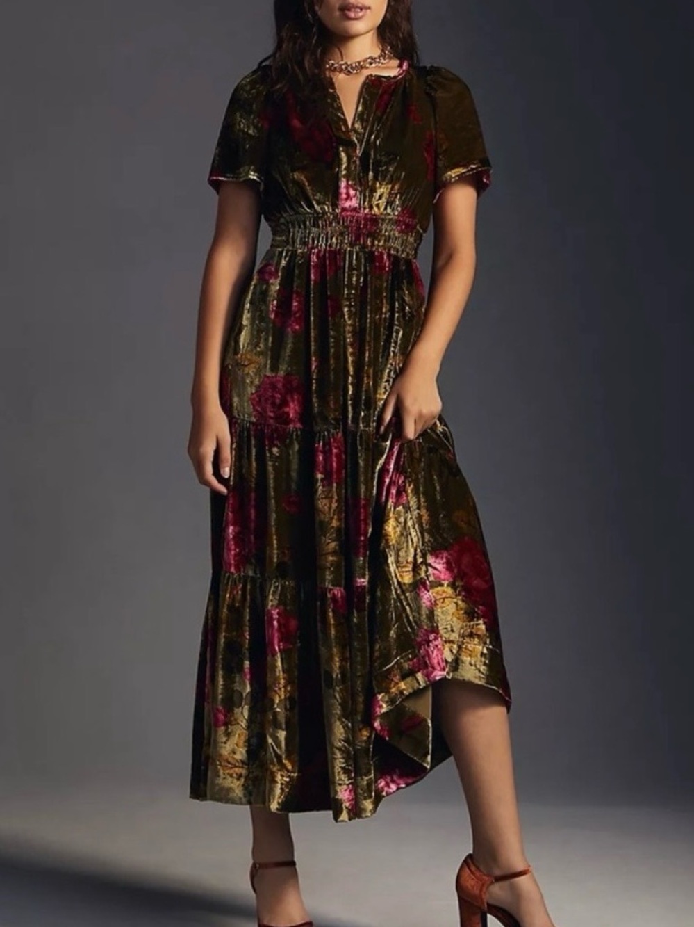 Anthropologie Somerset Dress S Velvet Tiered Maxi Olive Pink Smock Floral Boho